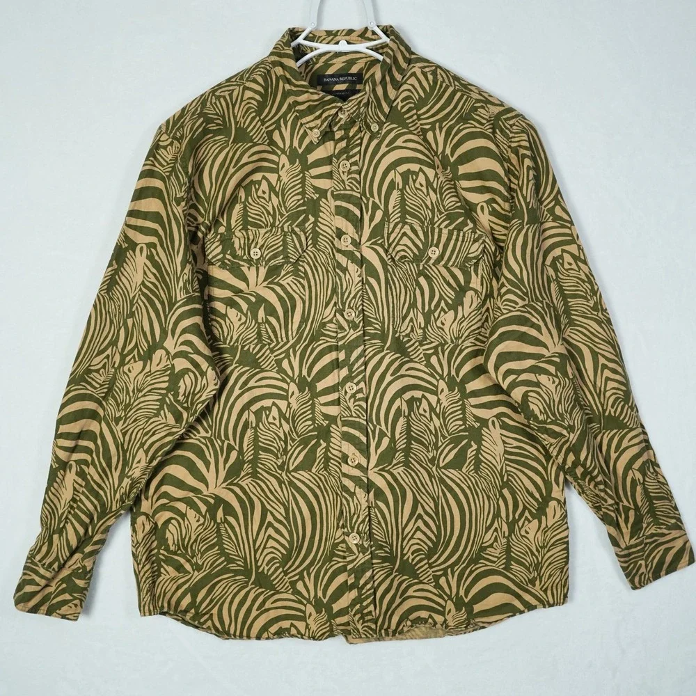 Banana Republic Zebra Expedition Linen Cotton Shirt Mens L Olive Green Safari